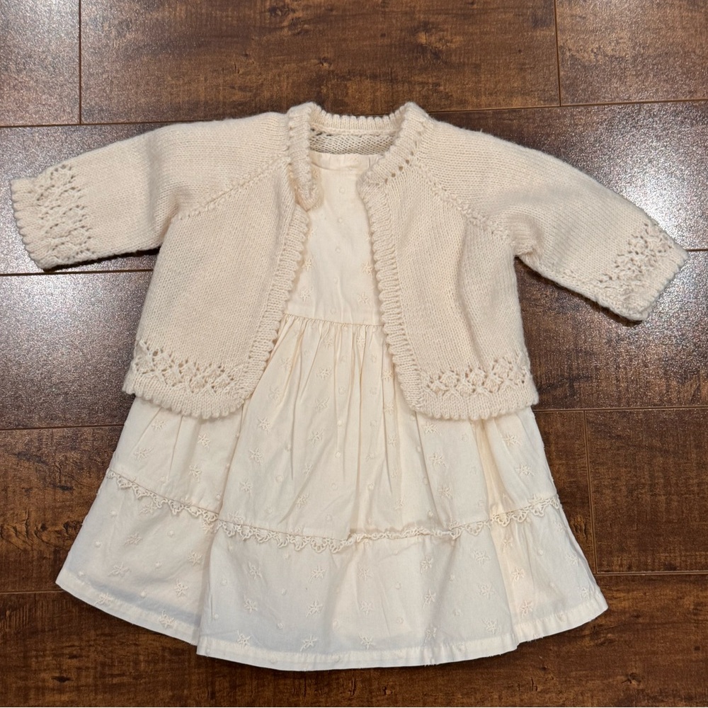 Cream, hand-knit Cardigan & Oshkosh Swiss dot Dress, size 12 months